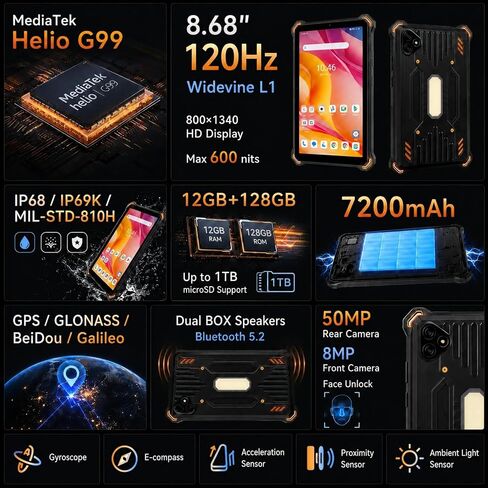 AGM PAD P3 Compact Rugged Android 16 Tablet, Waterproof & Drop-Proof, Widevine L1 & GMS Certified, 8.68" 120Hz HD 600 Nits Display, MTK G99, 12GB (6+6) + 128GB (Up to 1TB), 7200mAh, GPS, Compass, OTG in Kuwait