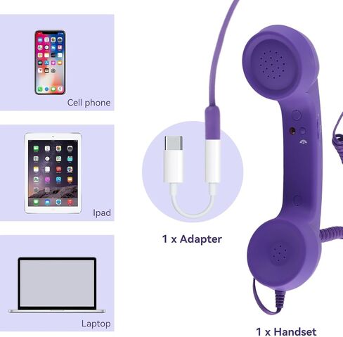 Retro Phone Handset, Telephone Handset for Cellphone Type-C Phone Handset with 3.5mm Jack Mobile Phone Receiver Noise Cancelling Microphone for Cell Phone(Purple) in Kuwait