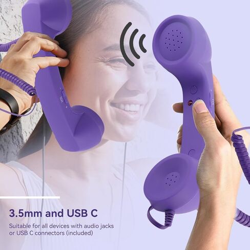 Retro Phone Handset, Telephone Handset for Cellphone Type-C Phone Handset with 3.5mm Jack Mobile Phone Receiver Noise Cancelling Microphone for Cell Phone(Purple) in Kuwait