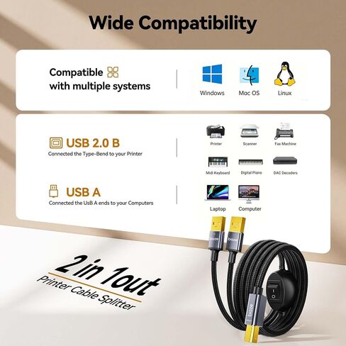 Printer Cable Splitter 2 in 1 Out, USB 2.0 Sharing Switch for Two Computers to One USB Device, 3.5m/11.5ft USB A to B Data Cable for Printer, Scanner, Keyboard, Mouse, Plug and Play in Saudi Arabia
