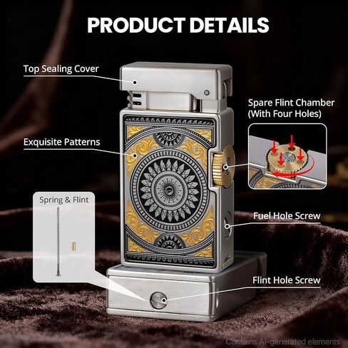 Vintage Lighter, Cool Trench Lighter, Unique Sliding Gear Ignition Kerosene Lighters, Metal Soft Flame Pipe Lighters with Spare Flint Storage, for Men Women Collect, No Fuel in Kuwait