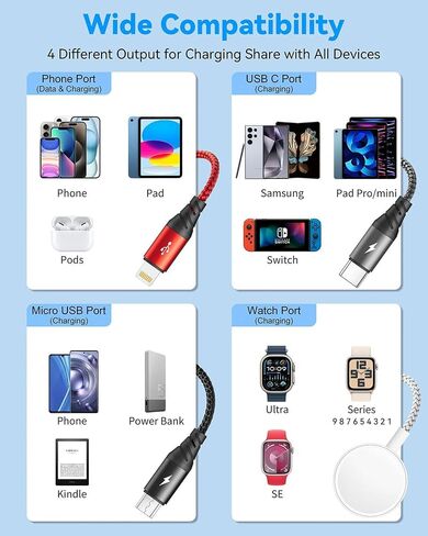 4 in 1 Multi Charging Cable for Apple Watch Charger/iPhone Charger in Kuwait