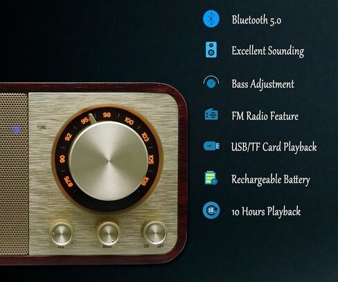 FM Radio with Bluetooth Retro Bluetooth Speaker Vintage Radio with SD/USB Memory Music Player Function, Wireless Streaming from Smartphone, Up to 10 Hours Playback (Walnut) in Kuwait