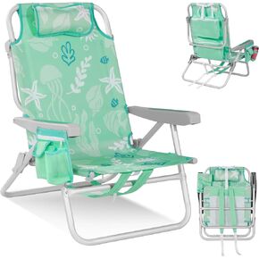 Low Beach Chairs for Adults - 5-Position Reclining Backpack Chair with Large Insulated Cooler & Storage Pocket, Aluminum Frame, Portable for Travel & Outdoor, Supports 300lbs, Tropical Palm in Kuwait