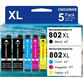 Remanufactured Ink Cartridges for Epson 802 802XL 5 Combo Pack (Black, Cyan, Magenta, Yellow) to use with Workforce Pro WF-4720 WF-4730 WF-4734 WF-4740 Printers in Kuwait
