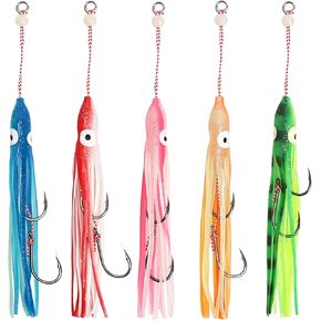 Luminous Squid Soft Fishing Lures: 5pcs Pre-Rigged Glow Squid Jig with Assist Hooks Octopus Skirt Lures Night Fishing Saltwater Trolling Hoochies for Salmon, Snapper & Trout in Kuwait