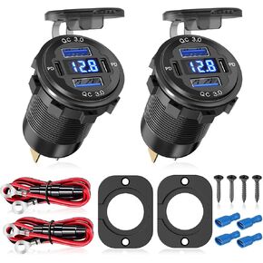 2Pcs 12V/24V Outlet with Voltmeter, Quick Charge 3.0 Dual USB Power Outlet, Waterproof Fast Charge USB Charger Socket DIY Kit for Car Boat Marine (2 Pack) in Kuwait