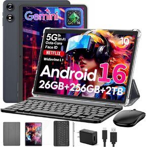 Android 16 tablet 10 inch, Android Tablet with Keyboard, 26GB+256GB+2TB Expand, Electronic Tablet PC with Gemini, 8-Core, 8000mAh, 5G WiFi, GPS, GMS, 2 in 1 Tablet with Case/Mouse/Stylus(Silver Case) in Kuwait