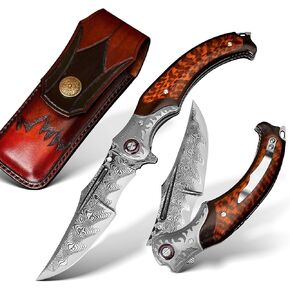 4.6in Damascus steel blade, ebony inlaid with serpentine wood handle with leather pocket folding knife, suitable for camping cutting in Kuwait