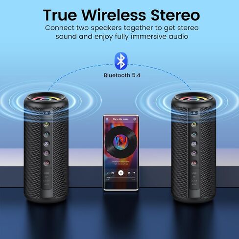 Portable Bluetooth Speaker, 2026 Bluetooth 5.4 Wireless Speaker with 20W HD Loud Stereo Sound, 20H Playtime, LED Lights, IP7, TWS Pairing, Built-in Mic, for Outdoor, Home, Beach, Party, Gift in Kuwait
