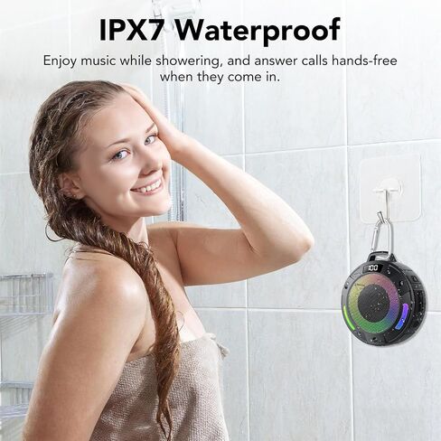 Bluetooth Speaker, 2025 Portable Wireless Shower Speaker, Digital Display Portable Speaker with Detachable hook ,IPX7 Waterproof with LED Light, HD Sound & Bass for Bathroom, Pool, Beach & Outdoor in Kuwait