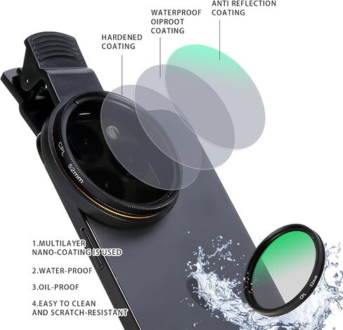 52MM Circular Polarizer Filter, Ultra Slim Multi-Coated CPL Lens Filter, Clip-on Phone Camera Filter Kit, Compatible for iPhone 15 14 13 12 11,Motorola, Google Pixel and Other Smart Phones in Kuwait
