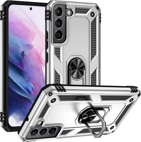 Dionsibei Military Grade Drop Impact for Samsung Galaxy S22 Case 5G 360 Metal Rotating Ring Kickstand Holder Armor Heavy Duty Shockproof for Galaxy S22 Phone Case (Silver) in Kuwait