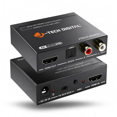 J-Tech Digital HDMI Audio Extractor 4K 60Hz & ARC Support, HDMI to RCA Optical Compatible with Dolby Digital DTS Stereo for Laptop Blu-Ray Gaming Consoles (JTECH-AE4KA) in Kuwait
