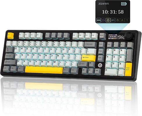 MechLands AJAZZ AK980 V2 Mechanical Gaming Keyboard with Display Screen, 10000mAh Battery, 98% Wireless Keyboard with BT/USB-C/2.4GHz, Hot Swappable, Linear Switch, Knob, RGB for Win/Mac (White) in Kuwait