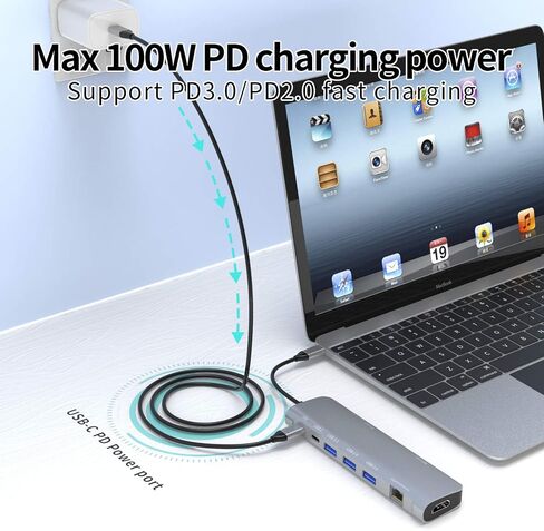 9-in-1 USB C Hub Laptop Docking Station, Multiport Adapter with 4K@30Hz HDMI, 3X USB 3.0, Gigabit Ethernet, Type-C Data Port, 100W PD, SD/Micro SD, for MacBook Pro/Air, Dell XPS, HP, Lenovo in Kuwait