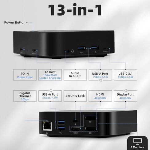 RVP+ Docking Station 3 Monitors USB C, 13-in-1, Triple Display-4K HDMI & DisplayPort Dual Monitors, 5Gbps USB-C/A Data Transfer, 100W Laptop-Charging, Gigabit Ethernet, Audio, Black in Kuwait