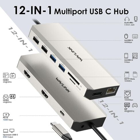 WAVLINK USB C Docking Station Dual HDMI Monitors, 12 in 1 Triple Display USB C Hub, Multiport Adapter with Dual 4K HDMI, 4K DP, 100W PD IN, 5 USB Ports, RJ45, SD/TF Slots, Audio/Mic for Macbook/Laptop in Kuwait