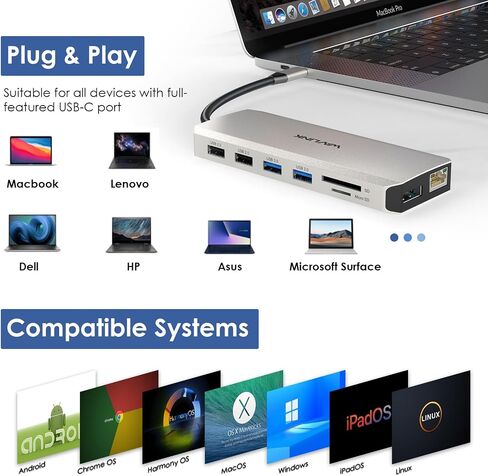 WAVLINK USB C Docking Station Dual HDMI Monitors, 12 in 1 Triple Display USB C Hub, Multiport Adapter with Dual 4K HDMI, 4K DP, 100W PD IN, 5 USB Ports, RJ45, SD/TF Slots, Audio/Mic for Macbook/Laptop in Kuwait
