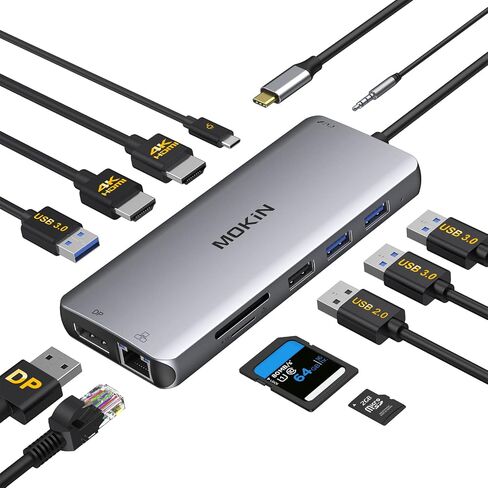 USB C Docking Station Dual Monitor,MOKiN Triple Display USB C Hub with 2 HDMI, DisplayPort, 100W PD, 4*USB,Gigabit Ethernet,SD/TF,Audio Port,USB C Hub Multiport Adapter for HP/Dell/Lenovo/Surface in Kuwait