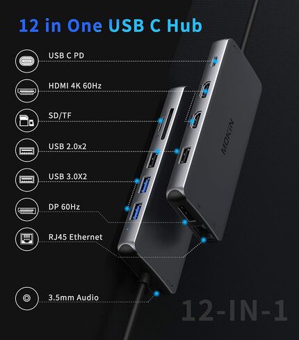 USB C Docking Station Dual Monitor,MOKiN Triple Display USB C Hub with 2 HDMI, DisplayPort, 100W PD, 4*USB,Gigabit Ethernet,SD/TF,Audio Port,USB C Hub Multiport Adapter for HP/Dell/Lenovo/Surface in Kuwait