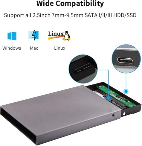 SSK Aluminum 2.5" Hard Drive Enclosure USB C 3.1/3.2 Gen2 6Gbps External HDD Caddy Adapter Reader with UASP for 2.5inch 7/9.5mm SATA HDD/SSD Compatible with WD Seagate PS4/5 Xbox ect. (Pack of 2) in Kuwait