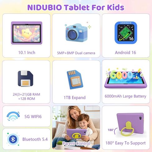 Kids Tablet 10.1 Inch Android 16 Tablet for Kids, 24GB RAM 128GB ROM 1TB Expand, 6000mAh Battery, Parental Control, UKIDOZ Kids Space, Widevine L1, BT5.4, Dual Camera Tablet with Case-Purple in Kuwait