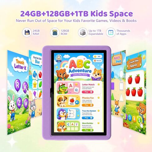 Kids Tablet 10.1 Inch Android 16 Tablet for Kids, 24GB RAM 128GB ROM 1TB Expand, 6000mAh Battery, Parental Control, UKIDOZ Kids Space, Widevine L1, BT5.4, Dual Camera Tablet with Case-Purple in Kuwait