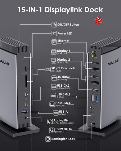 WAVLINK Displaylink Docking Station 3 Monitors with for MacBook M1/-M5 Windows, Displaylink Dock with 3X HDMI or 2X DisplayPort, 130WPD,5 USB Ports, Ethernet, Audio, SD/TF in Kuwait
