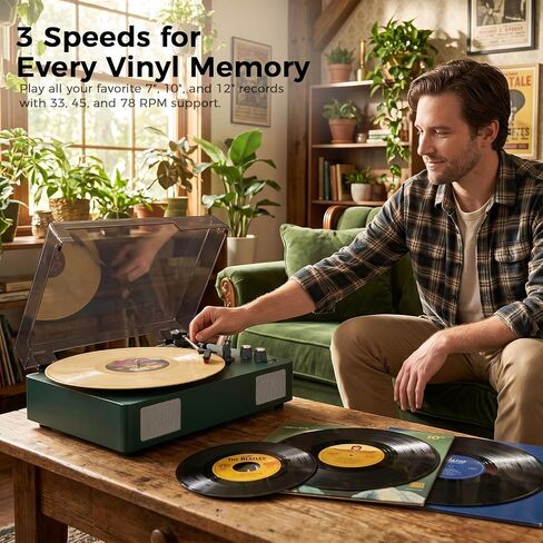 Green Bluetooth Record Player, 3-Speed Belt Drive Turntable in Kuwait