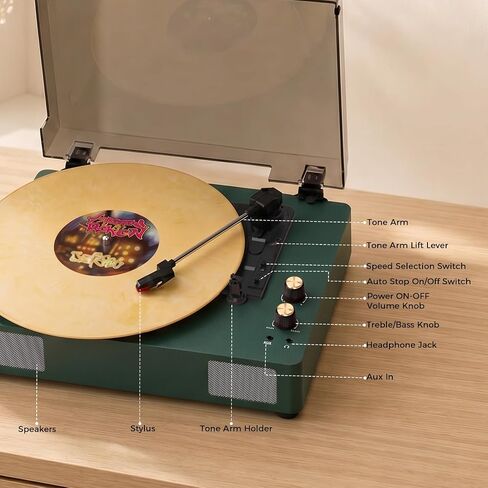 Green Bluetooth Record Player, 3-Speed Belt Drive Turntable in Kuwait