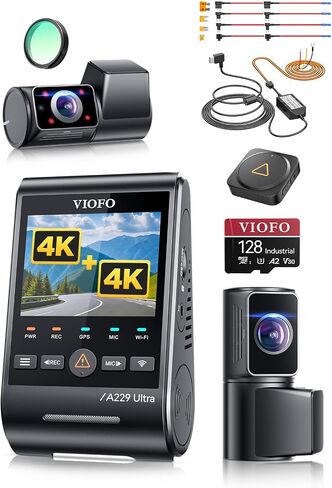 【Bundle: A229U 3CH+128GB Card+HK4 Hardwire Kit+Bluetooth Remote】 VIOFO A229 Ultra 3 Channel Dash Cam, Dual 4K + 1080P, 210° Fisheye Cabin Car Camera, Triple STARVIS 2 Sensors with Dual 4K HDR in Kuwait
