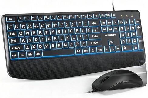 TECKNET Wired Keyboard and Mouse Combo, 7 Color Backlit Large Print Ergonomic Keyboard with Wrist Rest, Soft Typing, USB Plug & Play, Silent Keyboard Mouse Set for Computer, Mac, Laptop, PC, Windows in Kuwait