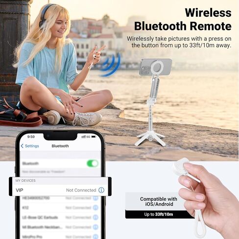 NEEWER BASICS Magnetic Selfie Stick Tripod Compatible with Magsafe iPhone Samsung Android, Portable Extendable Desk Stand with Cell Phone Grip Holder Detachable Remote for Video Recording, PA985 White in Kuwait