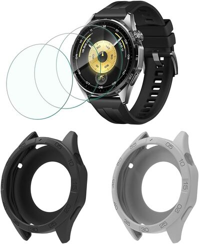Screen Protector & Case Compatible for HUAWEI Watch GT 6 46mm & GT 5 46mm ，HD Tempered Glass Protective Film and Silicone Soft Cases Not for GT 6 Pro & GT6 41mm (Pack of 3+2) in Saudi Arabia