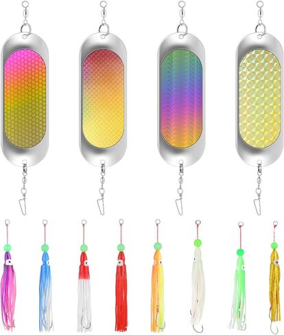 4 Pcs Flashers for Kokanee Salmon Fishing 8 Pcs Squid Fishing Hoochies- Reflective Chrome Finish Glowing Fresh Kokanee Salmon Trolling Lures with Pre-Rigged Octopus Hooks in Kuwait