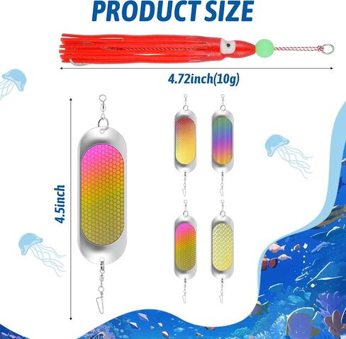 4 Pcs Flashers for Kokanee Salmon Fishing 8 Pcs Squid Fishing Hoochies- Reflective Chrome Finish Glowing Fresh Kokanee Salmon Trolling Lures with Pre-Rigged Octopus Hooks in Kuwait