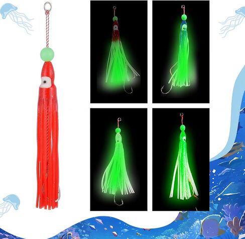 4 Pcs Flashers for Kokanee Salmon Fishing 8 Pcs Squid Fishing Hoochies- Reflective Chrome Finish Glowing Fresh Kokanee Salmon Trolling Lures with Pre-Rigged Octopus Hooks in Kuwait