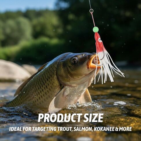 4 Pcs Flashers for Kokanee Salmon Fishing 8 Pcs Squid Fishing Hoochies- Reflective Chrome Finish Glowing Fresh Kokanee Salmon Trolling Lures with Pre-Rigged Octopus Hooks in Kuwait