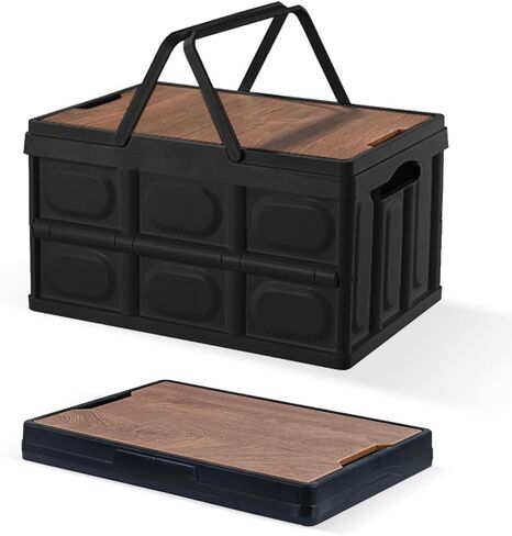 2 PCS Collapsible Storage Bins Box with Lids and Handle, 30L 8Gal Portable Storage Crate Containers Totes, Instacrate Stackable Foldable Camping Basket Supplies for Fishing Car RV, Office (Black) in Kuwait