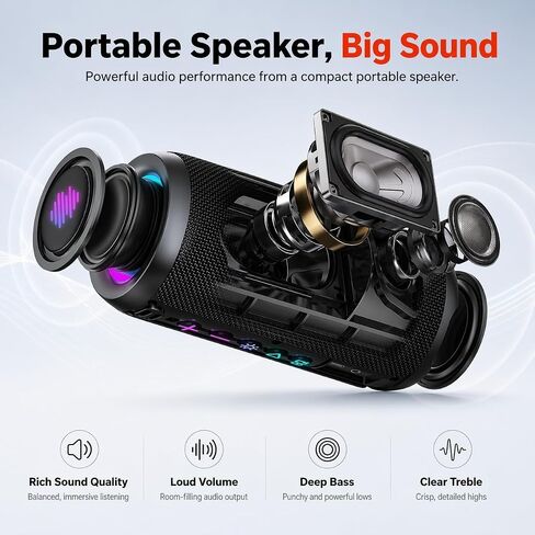 Portable Bluetooth Speaker, Powerful Sound Wireless Speaker: Boost Bass, Bluetooth 5.4, 24H Playtime, 8 RGB Modes, IPX7 Waterproof, TWS Pairing, Beach/Vacation Essentials, Gift Ideas（Black） in Kuwait