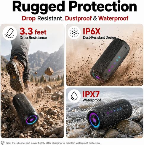 Portable Bluetooth Speaker, Powerful Sound Wireless Speaker: Boost Bass, Bluetooth 5.4, 24H Playtime, 8 RGB Modes, IPX7 Waterproof, TWS Pairing, Beach/Vacation Essentials, Gift Ideas（Black） in Kuwait