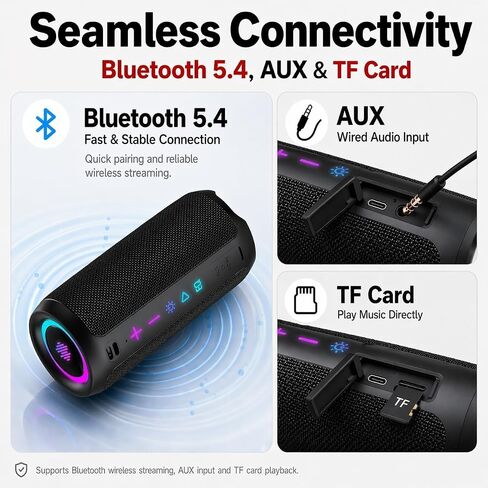 Portable Bluetooth Speaker, Powerful Sound Wireless Speaker: Boost Bass, Bluetooth 5.4, 24H Playtime, 8 RGB Modes, IPX7 Waterproof, TWS Pairing, Beach/Vacation Essentials, Gift Ideas（Black） in Kuwait