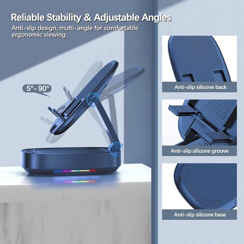 Cell Phone Stand with Wireless Bluetooth Speaker, Unique Gifts for Men/Women, Adjustable Phone Holder with 5 LED Light Modes, Anti-Slip Base HD Surround Sound, Compatible with iPhone/iPad, Blue in Kuwait