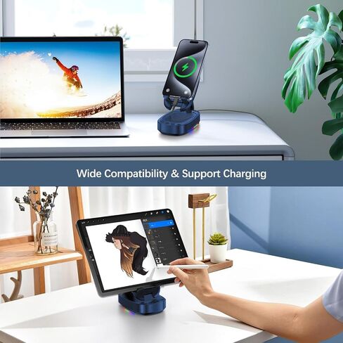 Cell Phone Stand with Wireless Bluetooth Speaker, Unique Gifts for Men/Women, Adjustable Phone Holder with 5 LED Light Modes, Anti-Slip Base HD Surround Sound, Compatible with iPhone/iPad, Blue in Kuwait