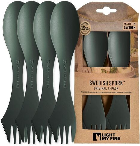 Light My Fire Spork Original 4-Pack 3-in-1 Camping Spoon Fork Knife Combo Reusable Travel & Camping Utensils Lunch Spork Outdoor Backpacking Hiking Picnic Utensil BPA Free, SageGreen in Kuwait