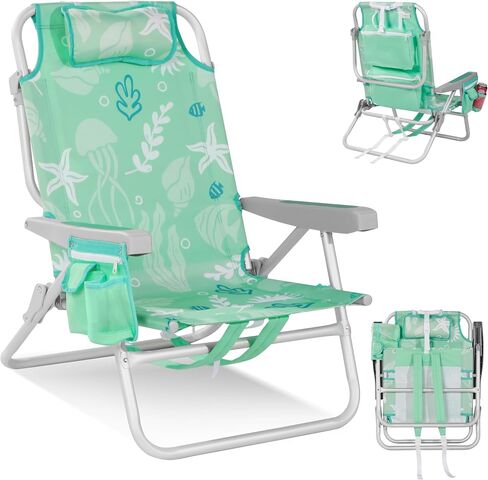 Low Beach Chairs for Adults - 5-Position Reclining Backpack Chair with Large Insulated Cooler & Storage Pocket, Aluminum Frame, Portable for Travel & Outdoor, Supports 300lbs, Tropical Palm in Kuwait
