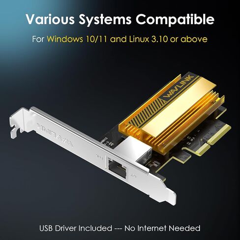 WAVLINK 10G PCIe Network Adapter, 10Gb PCIe Network Card with RTL8127AT Controller, PCIe x4/x8/x16 Ethernet Card for Windows 11/10 & Linux PC, Low Profile Bracket Included in Kuwait