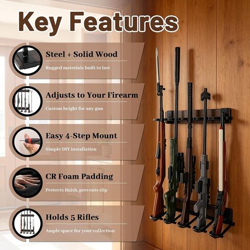 Gun Rack Wall Mount, Wooden Rifle & Shotgun Storage Display Holder, Heavy Duty Wall Mounted Firearm Organizer with Protective Padding for Home, Garage, Closet, Cabin & Gun Room in Saudi Arabia