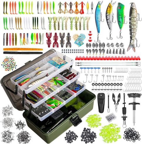 4 Layers Fishing Tackle Box, 605Pcs Fishing Gear Kit with Lures, Small Tool Kit Containing Gripper, Hook Remover, Plier, Accessories, Greeting Cards, Complete Fishing Box for Beginners, Adults in Kuwait